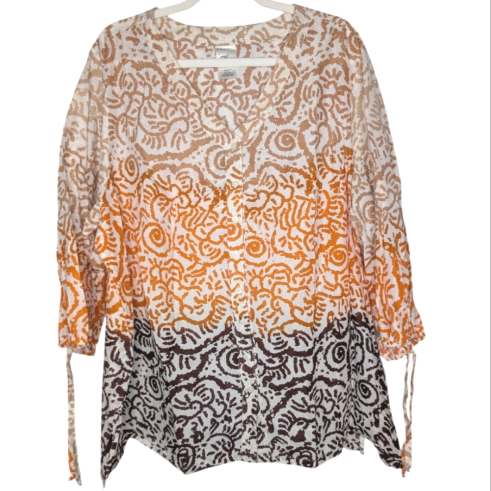 Just My Size Boho Printed Tie Sleeve Breezy Cotton Tunic Orange Brown 3X